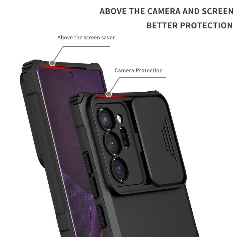 For Samsung Galaxy Note20 Ultra Stereoscopic Holder Sliding Camshield Phone Case(Black)