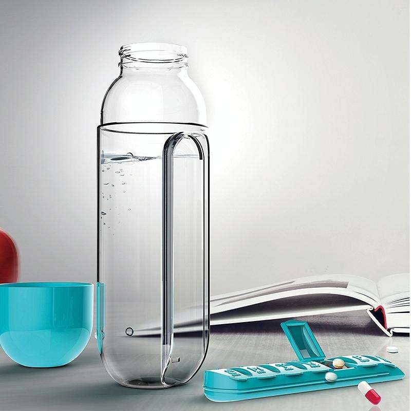 600ML Plastic Water Bottle with Daily Pill Box Organizer Drinking Bottles(Blue)