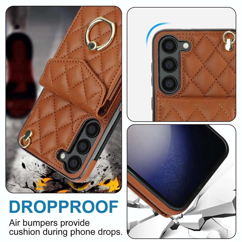 For Samsung Galaxy S23 5G Rhombic Texture Card Bag Phone Case with Long Lanyard(Brown)