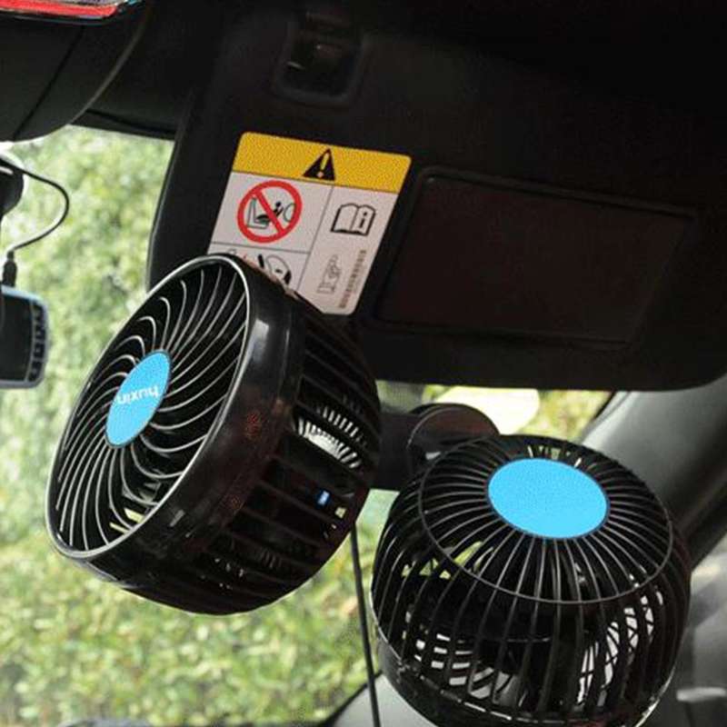 HUXIN HX-T605E 7W 360 Degree Adjustable Rotation Clip Two Head Low Noise Mini Electric Car Fan wi...