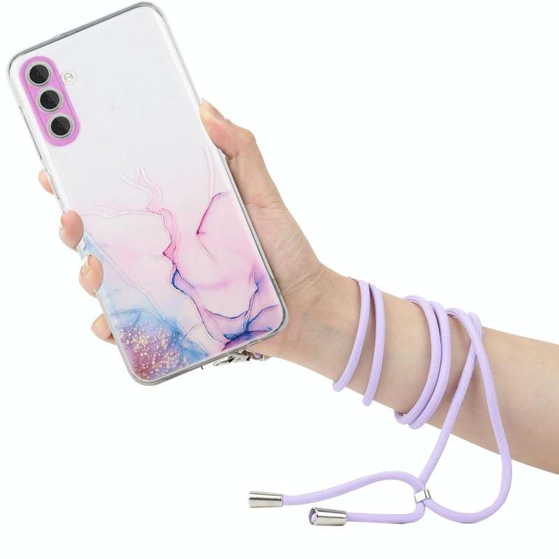 For Samsung Galaxy A34 5G Hollow Marble Pattern TPU Shockproof Phone Case with Neck Strap Rope(Pink)