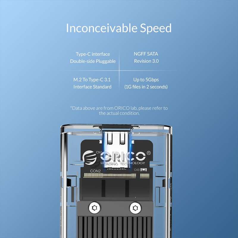 ORICO TCM2F-C3 NGFF M.2 Hard Drive Enclosure,Tool Free Type-C Interface Transparent Hard Disk Box