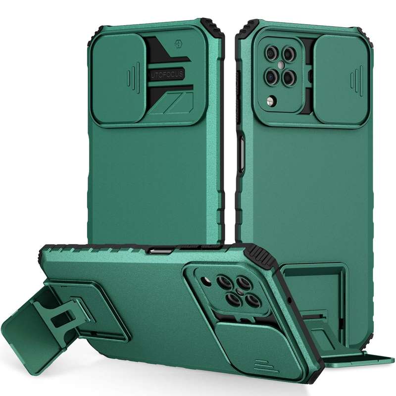 For Samsung Galaxy A12 5G Stereoscopic Holder Sliding Camshield Phone Case(Dark Green)