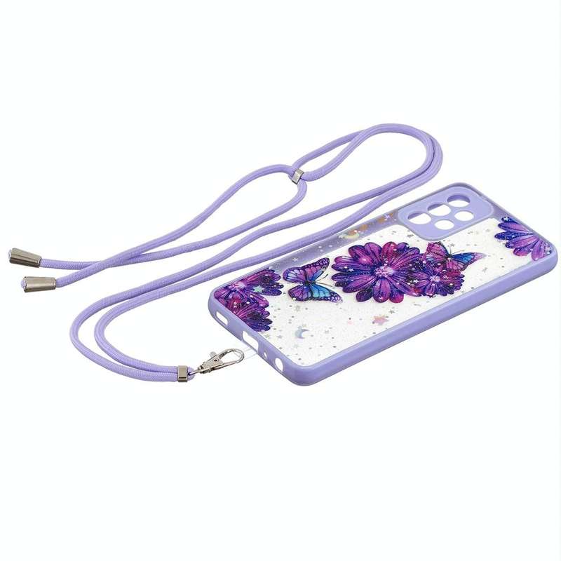For Samsung Galaxy A73 5G Starry Sky Epoxy TPU Phone Case with Neck Lanyard(Purple Butterfly)