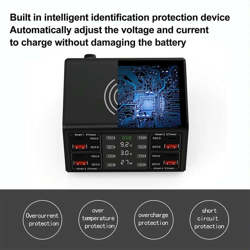 838w 9 in 1 100W 4 PD 3.0 USB-C / Type-C + 4 QC 3.0 USB Ports Smart Digital Display Wireless Char...