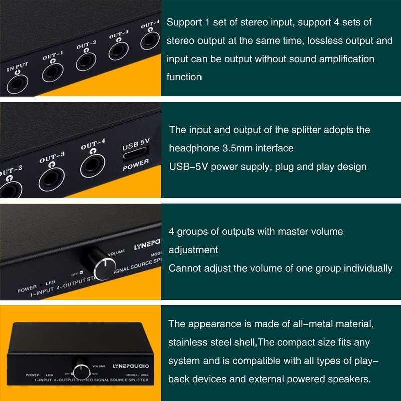1 In 4 Out Audio Frequency Signal Splitter Distribute Device, Non Consumption, 3.5mm Interface Ou...