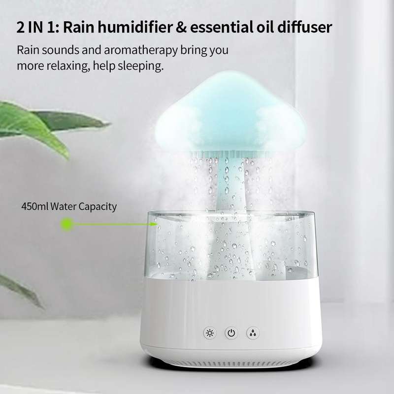 CH08 450ml Rain Humidifier Mushroom Cloud Colorful Night Lamp Aromatherapy Machine, Style: With R...