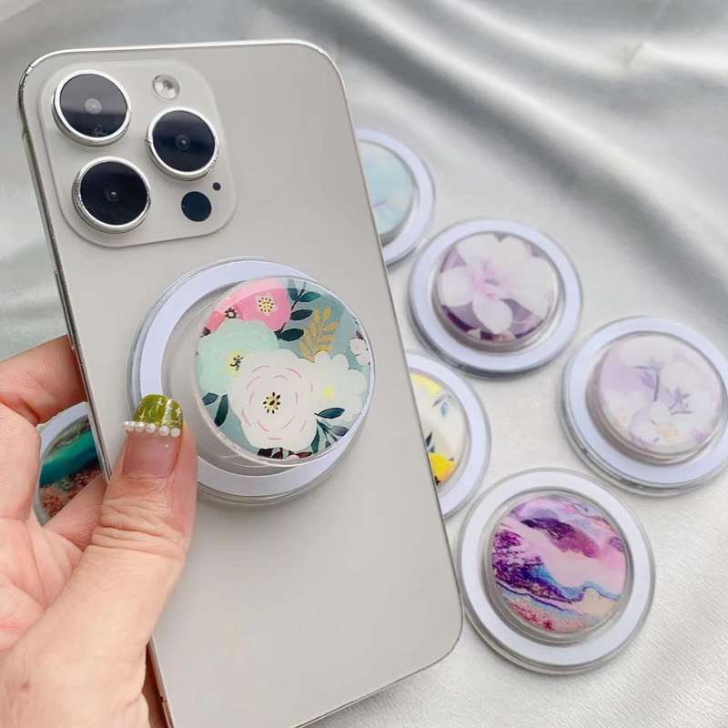Glue Cartoon Floral Magnetic Airbag MagSafe Phone Telescopic Holder, Without Magnet, Color: 7-Marble