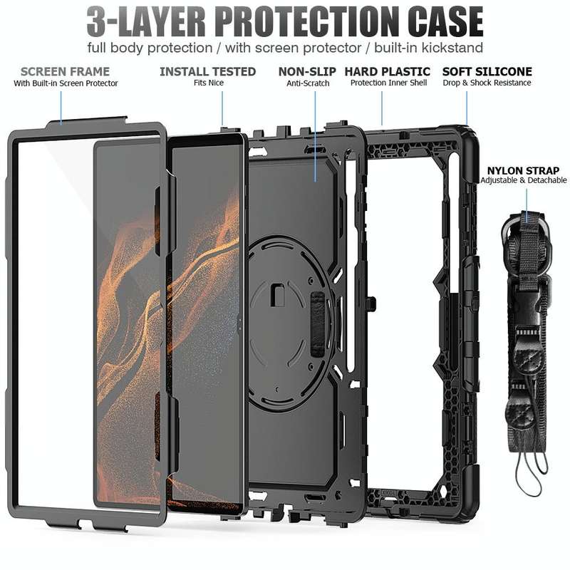 For Samsung Galaxy Tab S8 Ultra 14.6 inch SM-X900 Silicone + PC Tablet Case with Shoulder Strap(B...