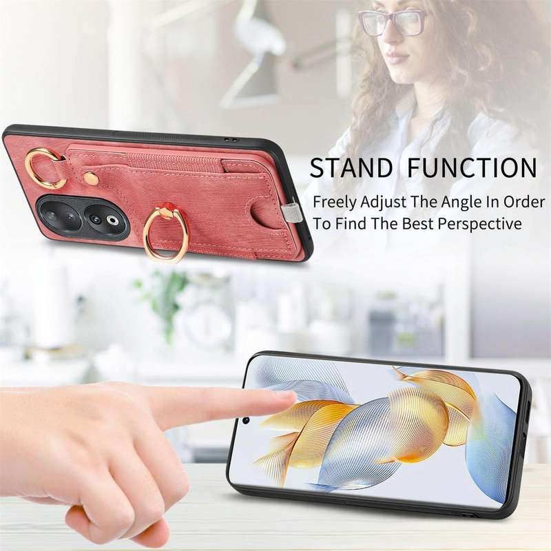 For Honor 90 Retro Skin-feel Ring Card Bag Phone Case with Hang Loop(Pink)