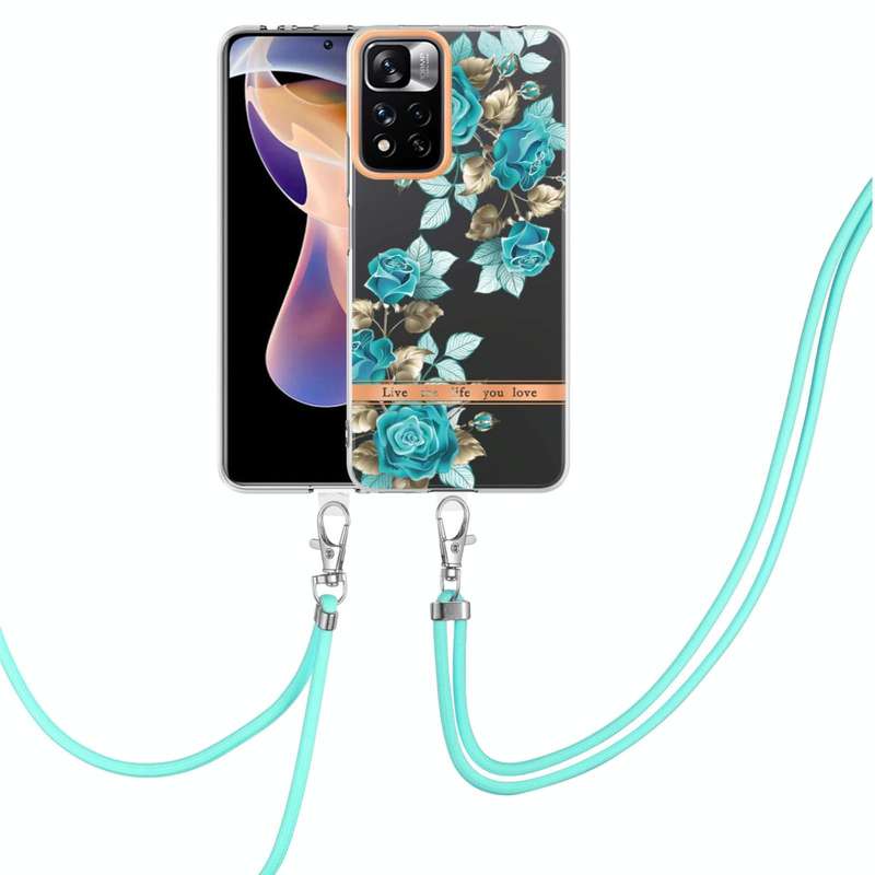 For Xiaomi Redmi Note 11 Pro / Redmi Note 11 Pro+ Flowers Series TPU Phone Case with Lanyard(Blue...