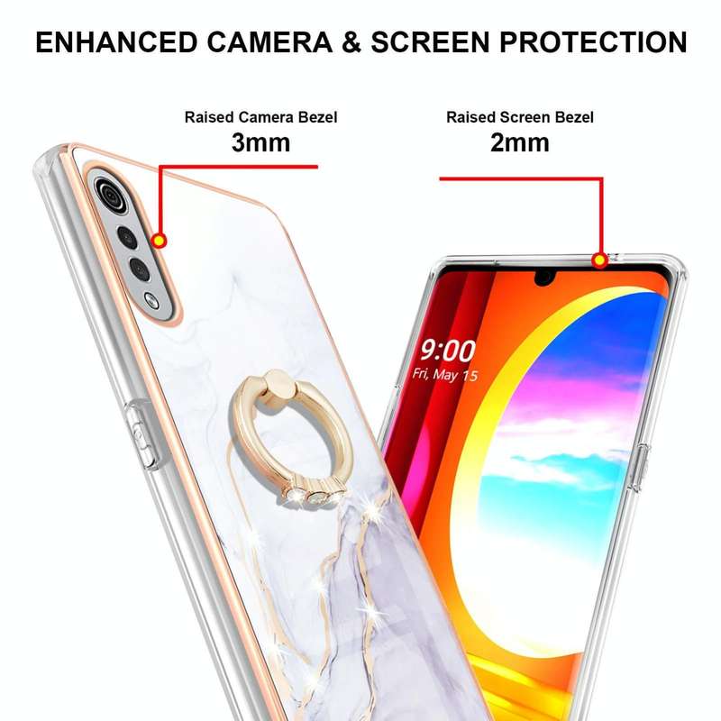 For LG Velvet 4G & 5G / G9 Velvet Electroplating Marble Pattern IMD TPU Shockproof Case with Ring...