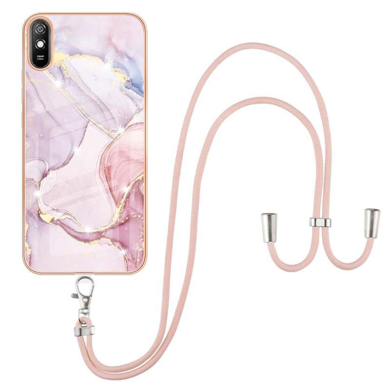 For Xiaomi Redmi 9A Electroplating Marble Pattern IMD TPU Shockproof Case with Neck Lanyard(Rose ...