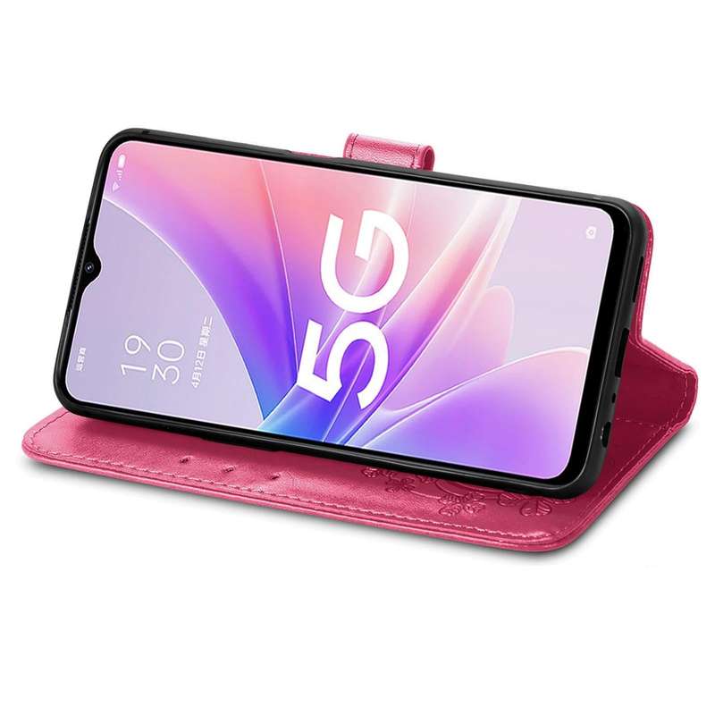 For OPPO A57 5G Four-leaf Clasp Embossed Buckle Leather Phone Case(Rose Red)