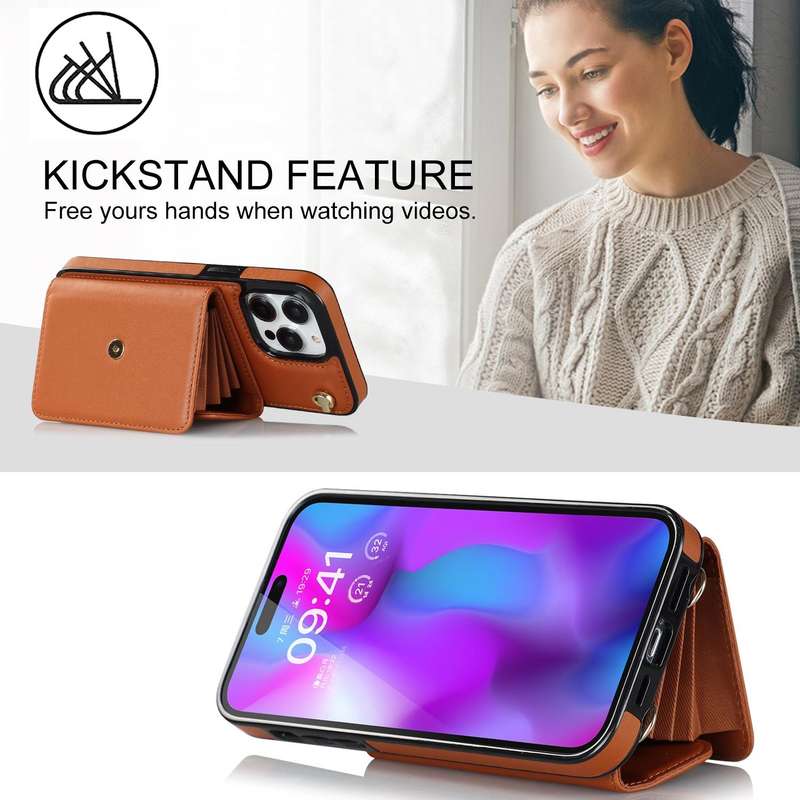 For iPhone 14 Pro Max RFID Card Slot Phone Case with Long Lanyard(Brown)