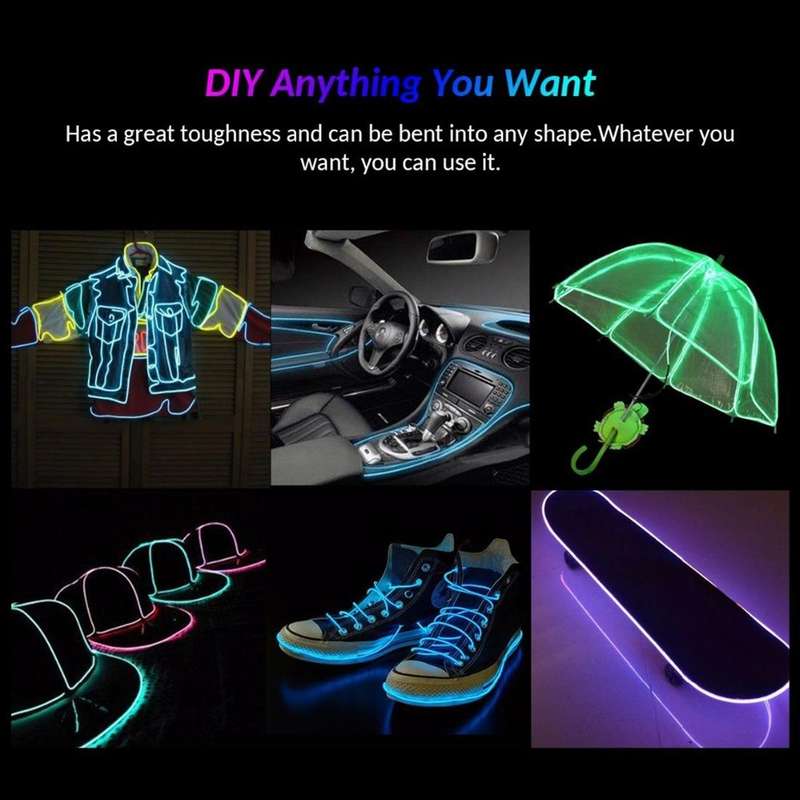 YouOKLight Neon EL Cold Round Flexible Strip Light with 3V Battery Box for Dance Party Car Decora...
