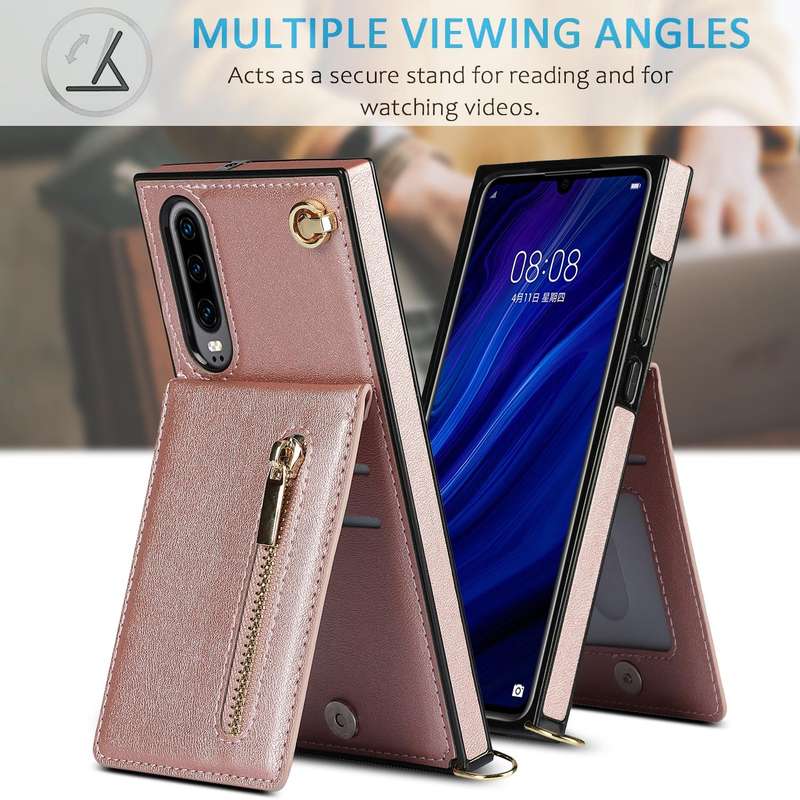 For Huawei P30 Cross-body Zipper Square TPU+PU Back Cover Case with Holder & Card Slots & Wallet ...
