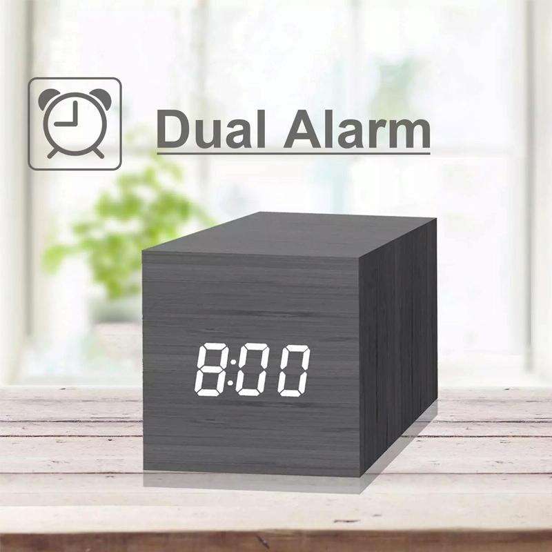 Multicolor Sounds Control Wooden Clock Modern Digital LED Desk Alarm Clock Thermometer Timer Whit...
