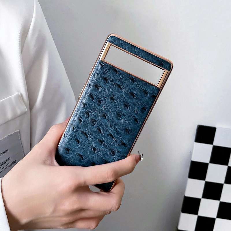 For Google Pixel 7 Pro Genuine Leather Ostrich Texture Nano Electroplating Phone Case(Coffee)