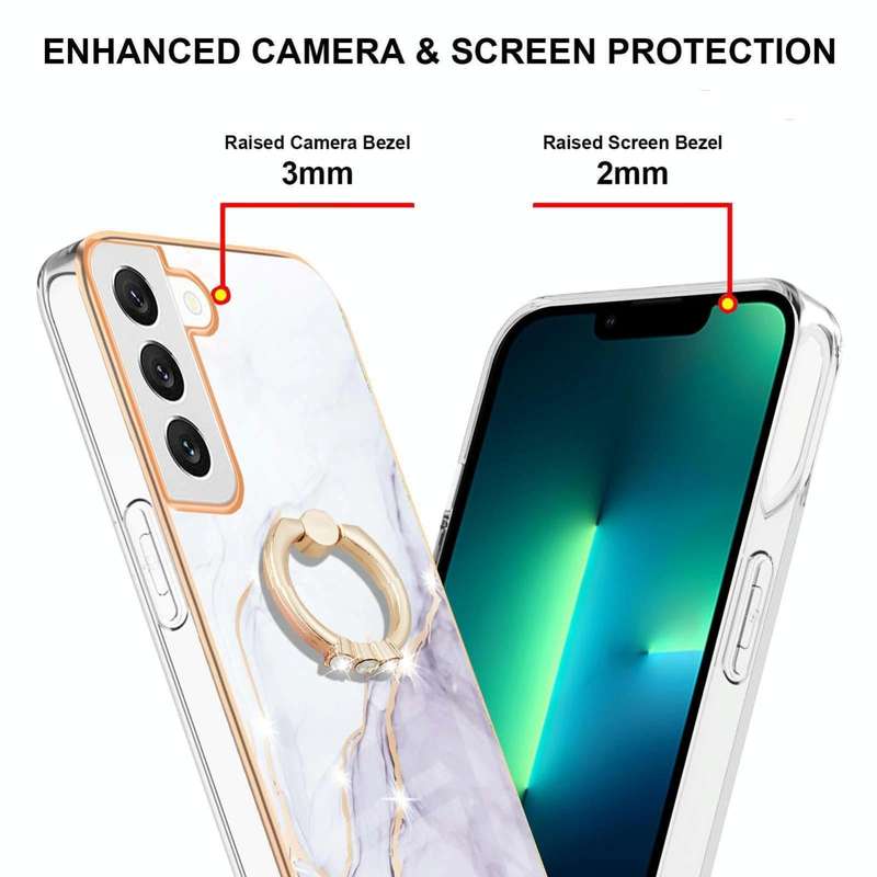 For Samsung Galaxy S22 Electroplating Marble IMD TPU Phone Case with Ring Holder(White 006)