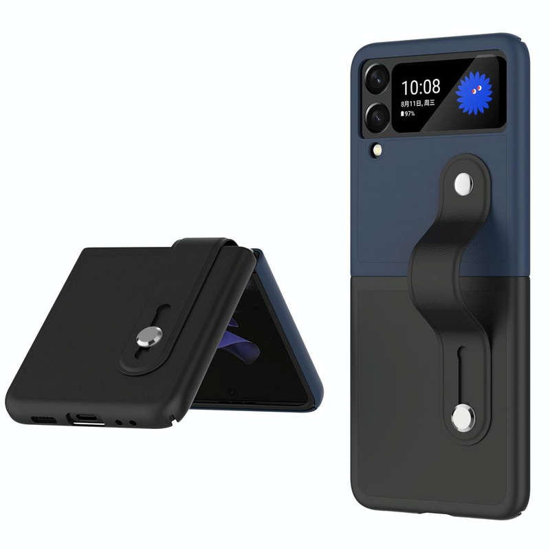 For Samsung Galaxy Z Flip3 5G Skin Contrast Wristband Folding Phone Case(Dark Blue and Black)