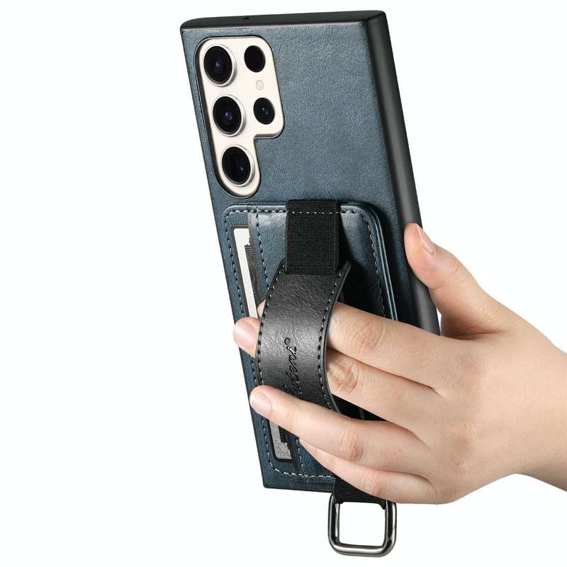 For Samsung Galaxy S23 Ultra 5G Suteni H13 Card Wallet Wrist Strap Holder PU Phone Case(Blue)
