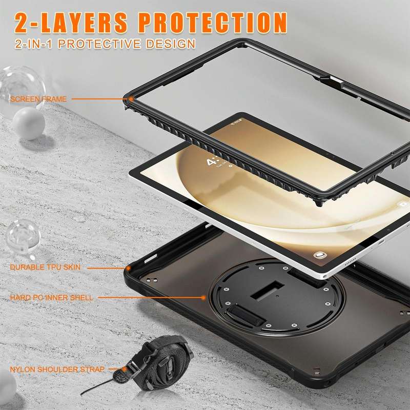 For Samsung Galaxy Tab A9+ X210/X215 Heavy Duty Hybrid Tablet Case with Handle & Strap(Clear Black)
