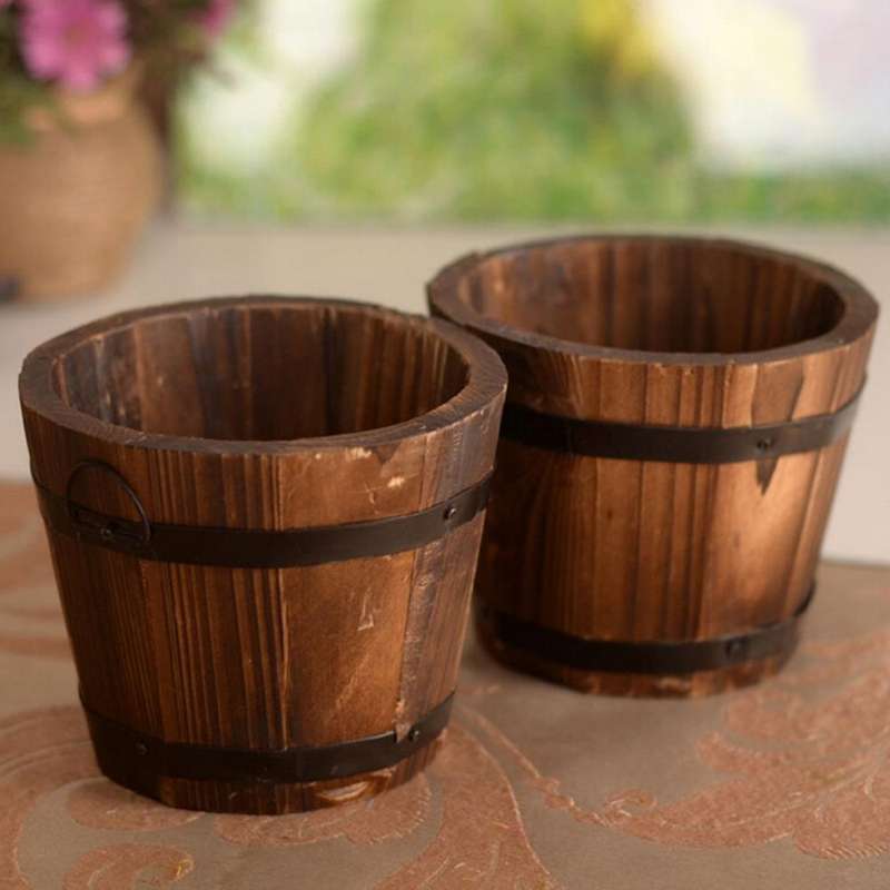 Balcony Vegetable Succulent Carbonized Wood Flower Pot Retro Small Wooden Bucket Home Decoration,...