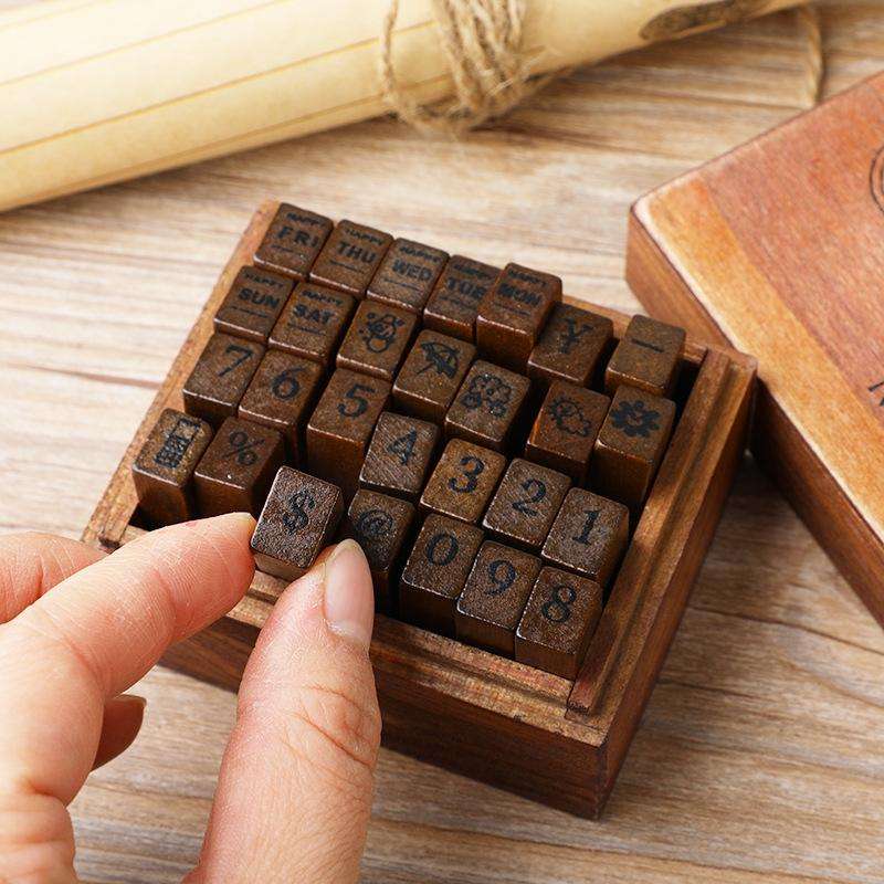 E13 28PCS/Set Vintage Wooden Alphabet and Number Diary Handbook DIY Stamps(Regular Lowercase)