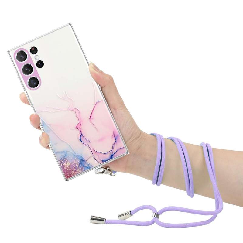 For Samsung Galaxy S23 Ultra 5G Hollow Marble Pattern TPU Shockproof Phone Case with Neck Strap R...