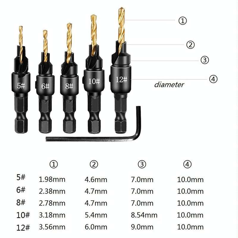 5 PCS/Set Countersink Woodworking Drill Bit Set Hexagon Screw Hardware Tool(Silver)