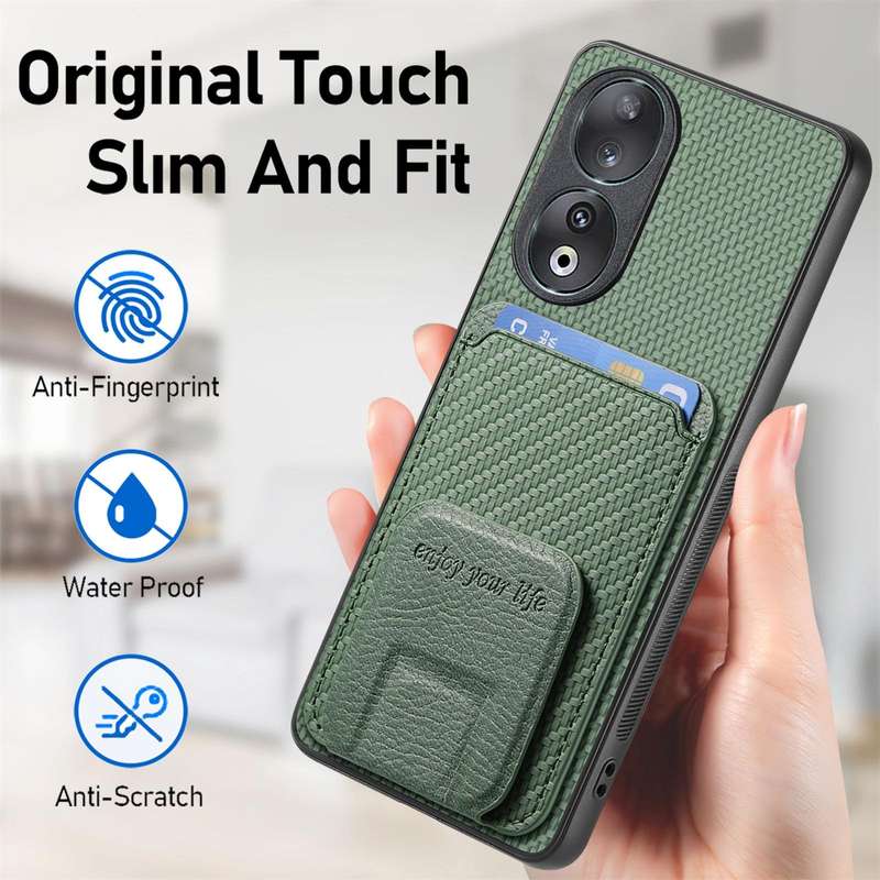 For Huawei Nova 9 SE Carbon Fiber Card Bag Fold Stand Phone Case(Green)