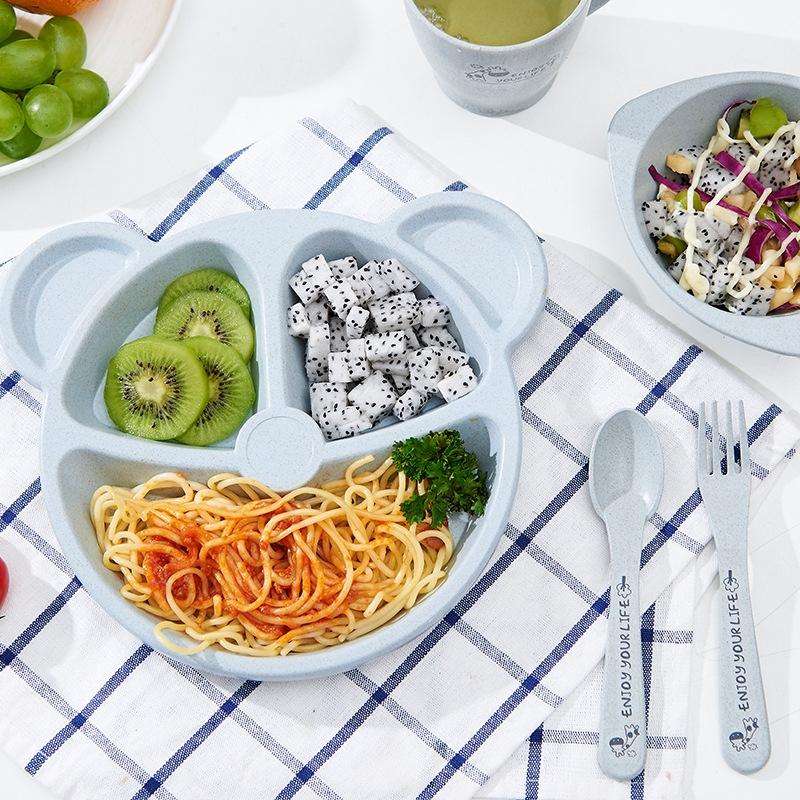 3 PCS/Set Baby Bowl+Spoon+Fork Feeding Food Tableware Cartoon Bear Kids Dishes Eating Dinnerware(...