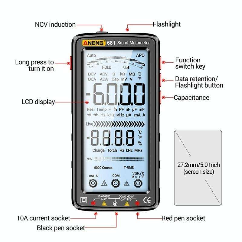 ANENG 681 LCD Digital Display Screen Smart Automatic Range Rechargeable Multimeter(Black)