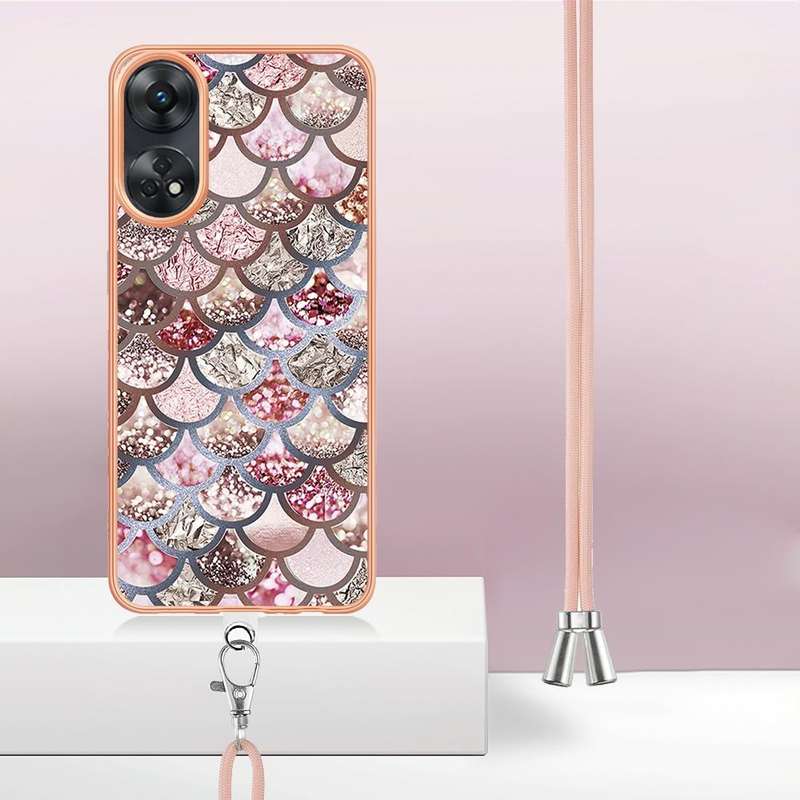For OPPO Reno8 T 4G Electroplating IMD TPU Phone Case with Lanyard(Pink Scales)