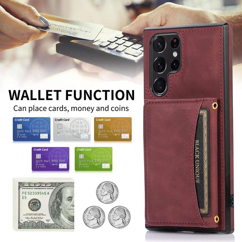 For Samsung Galaxy S22 Ultra Three-fold Leather Phone Case with Card Slot & Wallet & Holder(Wine ...