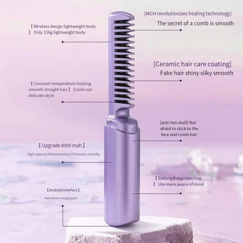 2 In 1 Portable USB Rechargeable Hair Curler Dual Usage Hair Straightening Comb(Purple)