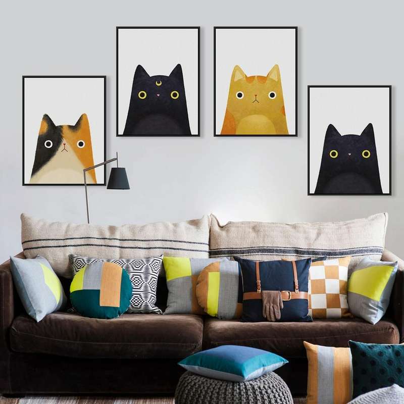 Cute Cat And Avatar Poster Print Canvas Painting Home Art Decoration, Size:2130cm (Black)
