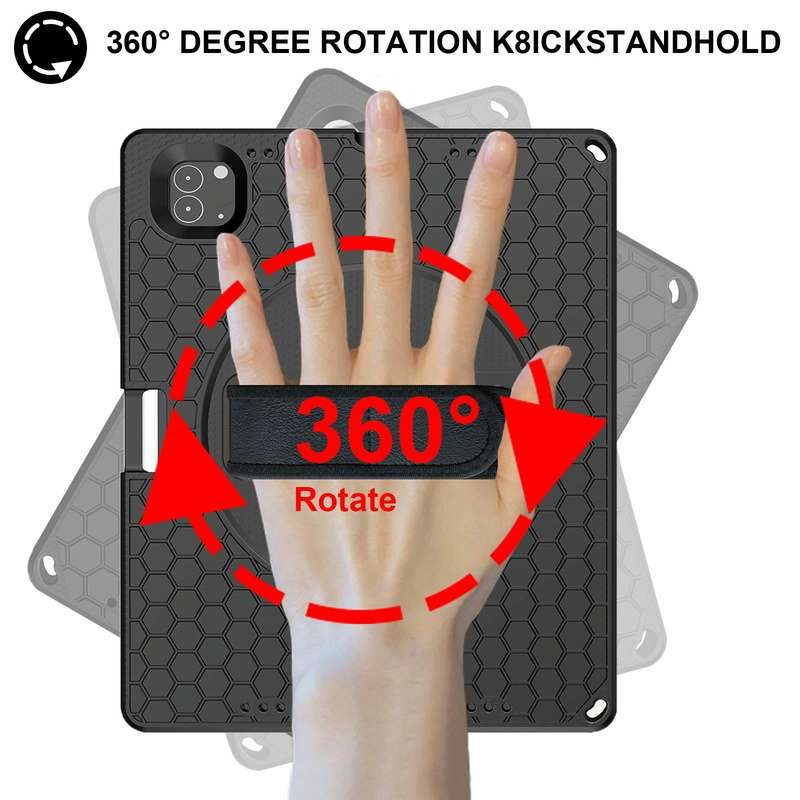 For iPad Pro 12.9 inch 2019 / 2021 / 2022 360 Rotation Stand EVA Hard PC Tablet Case with Strap(B...