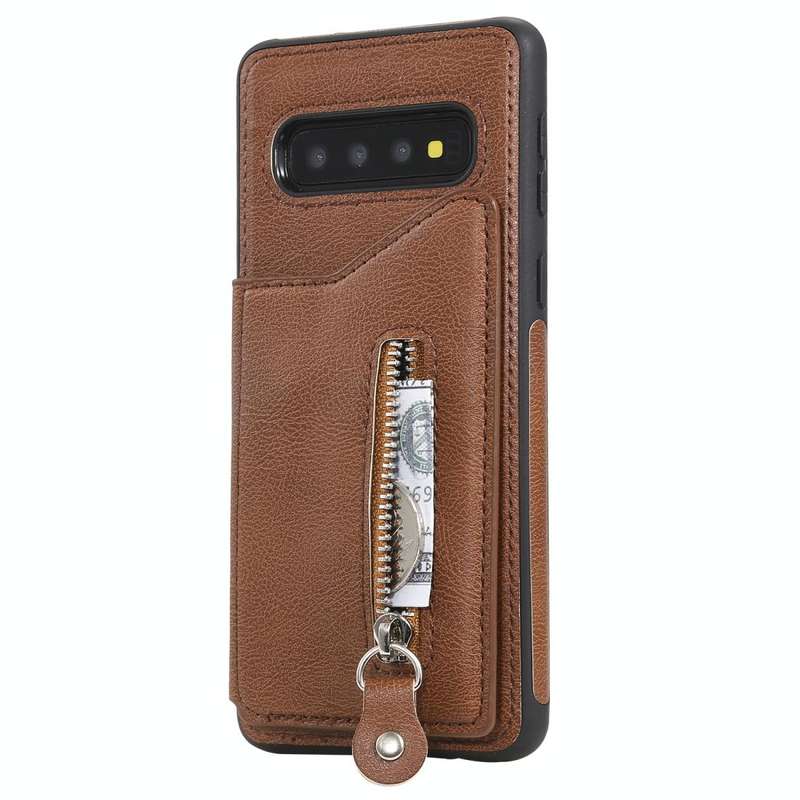 For Galaxy S10 Solid Color Double Buckle Zipper Shockproof Protective Case(Brown)