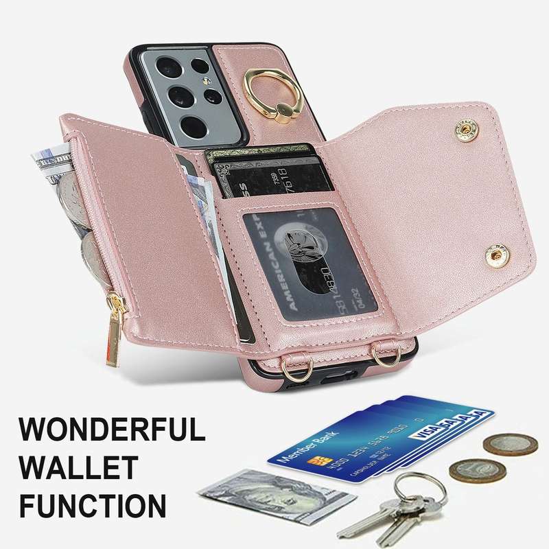 For Samsung Galaxy S21 Ultra 5G Zipper Card Bag Phone Case with Dual Lanyard(Rose Gold)
