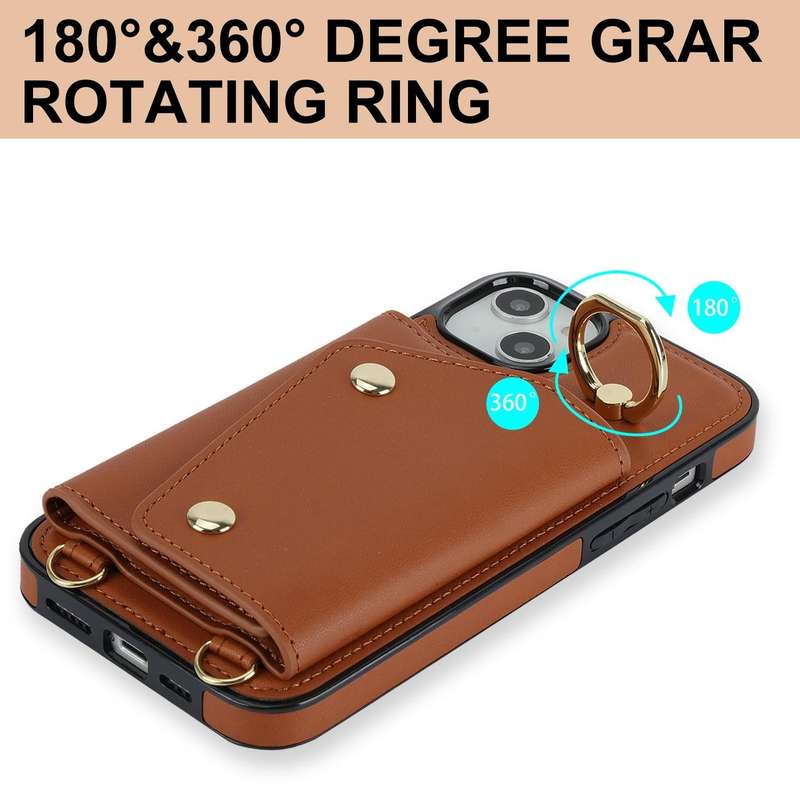 For iPhone 14 Zipper Card Bag Phone Case with Dual Lanyard(Brown)