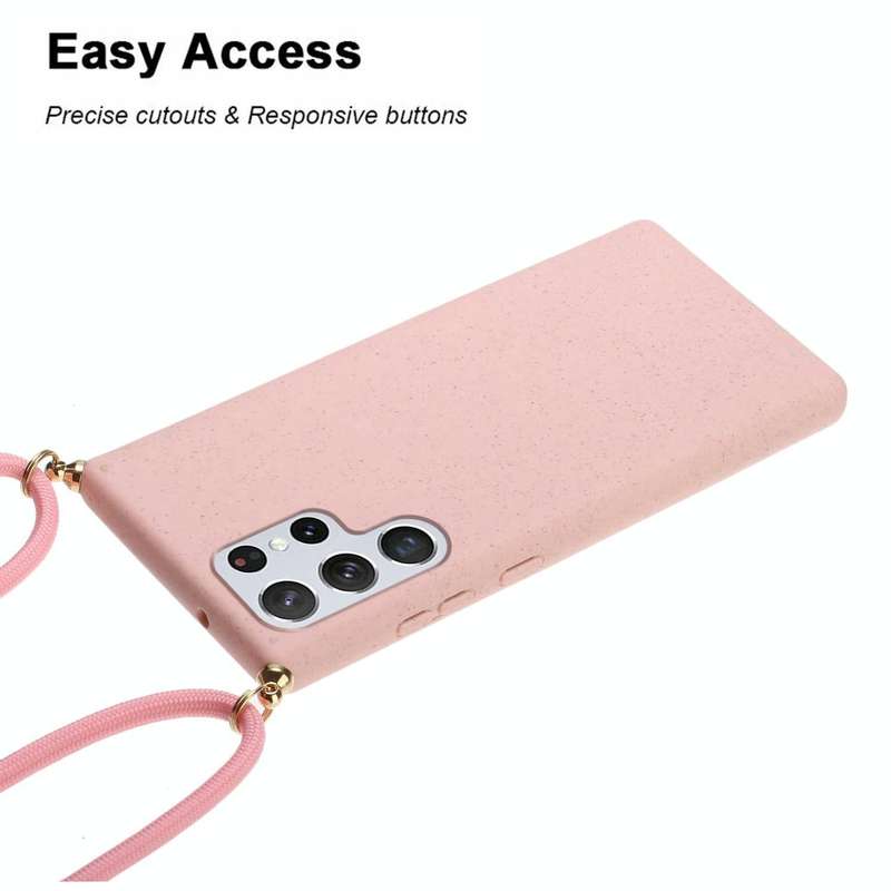 For Samsung Galaxy S23 Ultra 5G Wheat Straw Material + TPU Protective Case with Lanyard(Pink)