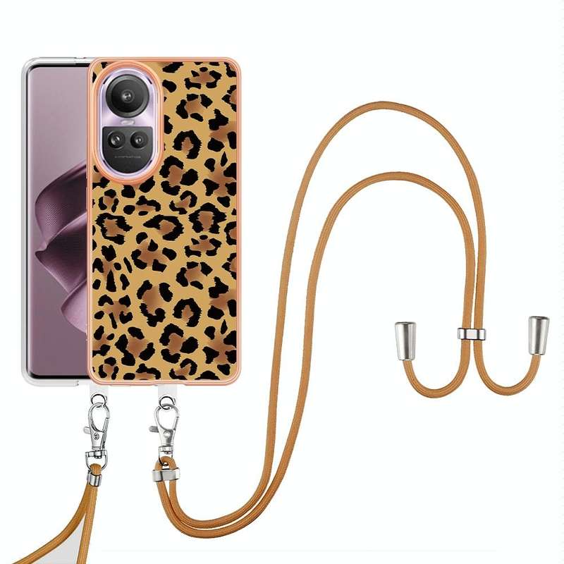 For OPPO Reno10 Pro 5G Global Electroplating Dual-side IMD Phone Case with Lanyard(Leopard Print)