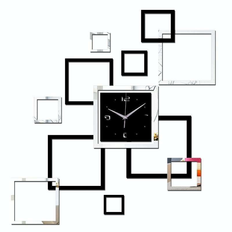 Living Room Wall Clock Creative Clock Acrylic DIY Mirror Wall Stickers Decorative Black Silver Sq...