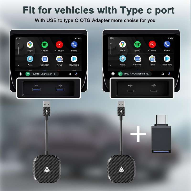 Carbon Fiber USB + USB-C / Type-C Wired to Wireless Carplay Adapter for Android(Black)