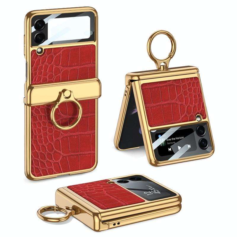 For Samsung Galaxy Z Flip3 5G GKK Integrated Plating + Leather Flip Phone Case(Crocodile Red)