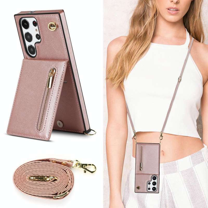 For Samsung Galaxy S23 Ultra 5G Cross-body Zipper Square TPU+PU Back Cover Case(Rose Gold)