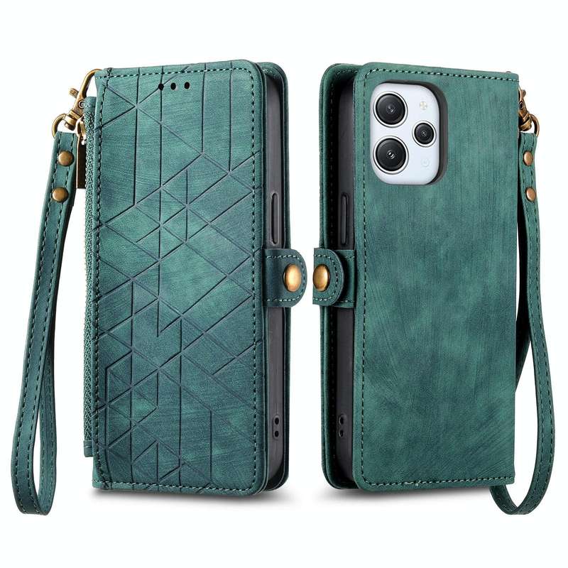 For Xiaomi Redmi 12 Geometric Zipper Wallet Side Buckle Leather Phone Case(Green)
