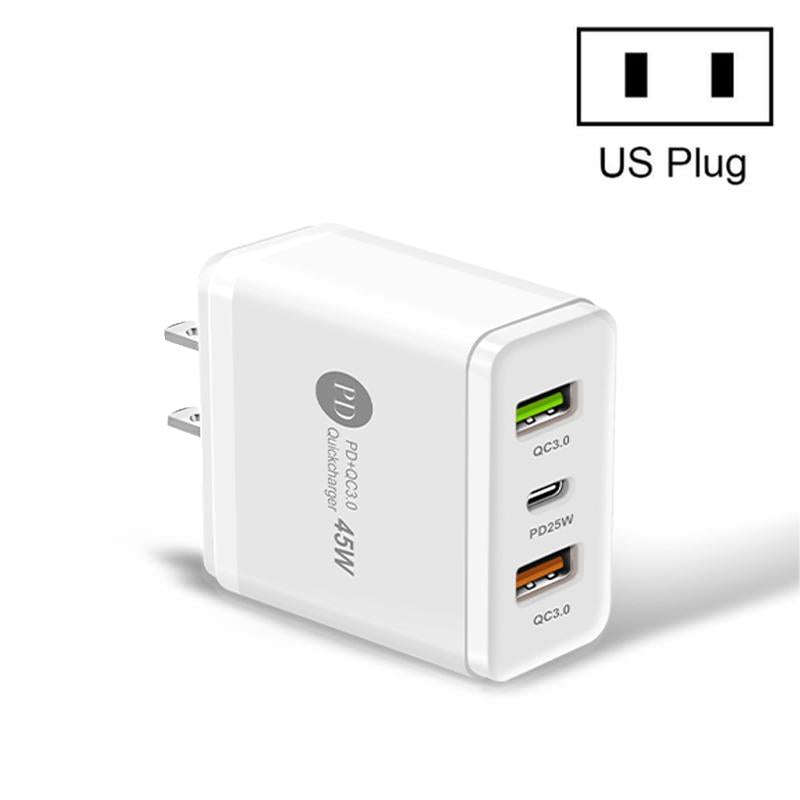 45W PD3.0 + 2 x QC3.0 USB Multi Port Quick Charger, US Plug(White)